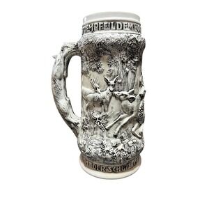 Vintage Beer Stein Mug Relief‎ Carved Hunting Scene Tree Trunk Handle Decor